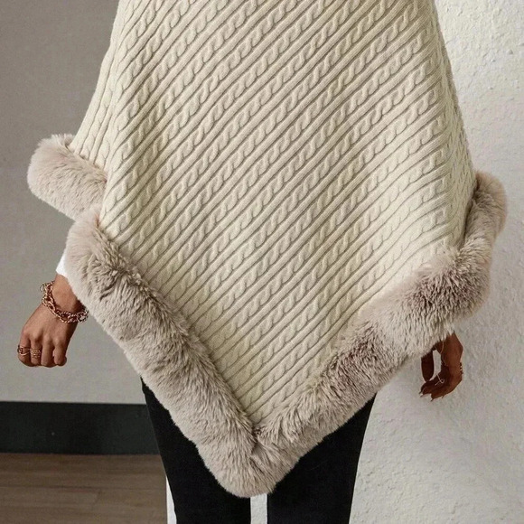 Apricot Casual Women's Turtleneck Fuzzy Trim Batwing Sleeve Poncho Sweater - Picture 3 of 7